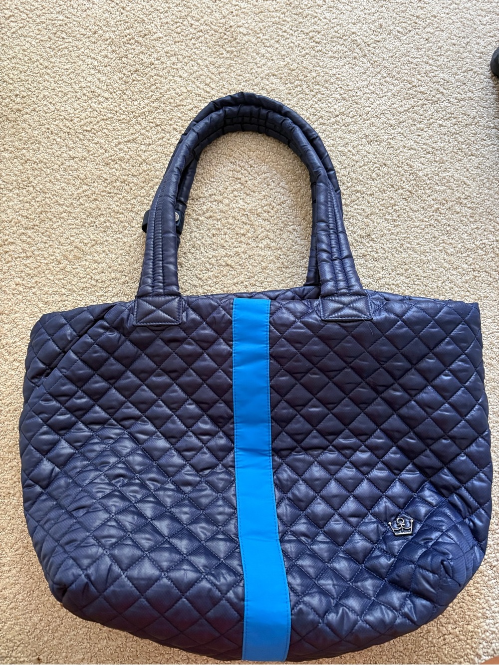 Oliver Thomas Quilted Navy Tote with Bright Blue Center Stripe